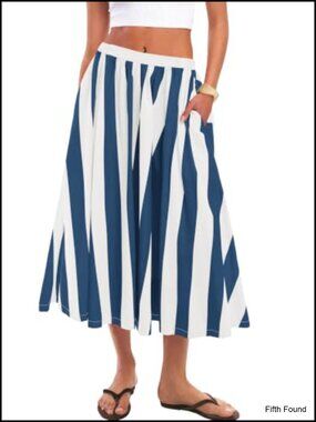 Striped Midi Skirt High Waisted Flowy A-Line Summer Beach Skirt Pockets